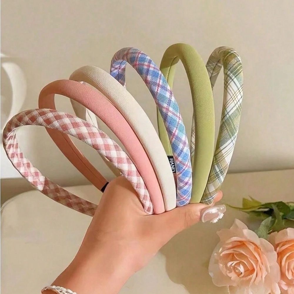 Pastel Plaid and Solid Padded Headband Set - Pink, Cream, Blue, Green